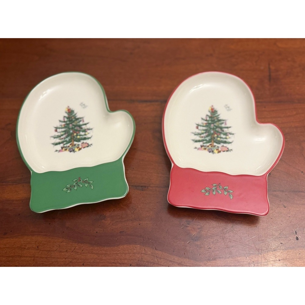 Spode Christmas Tree Mitten Shaped Candy Dishes Red & Green Holiday Platters Set